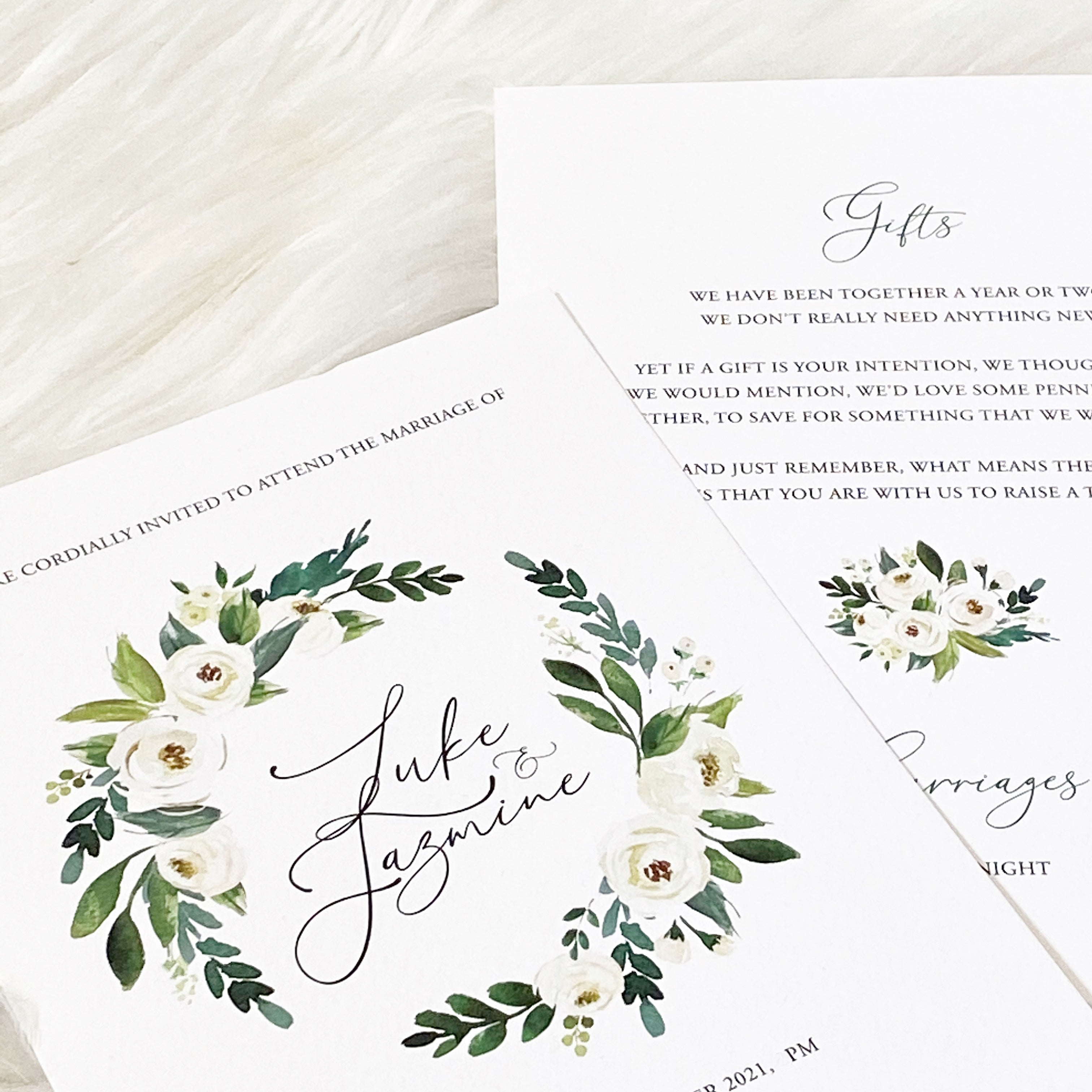 Green & White foliage and floral wreath on white textured A5 paper stock invitations