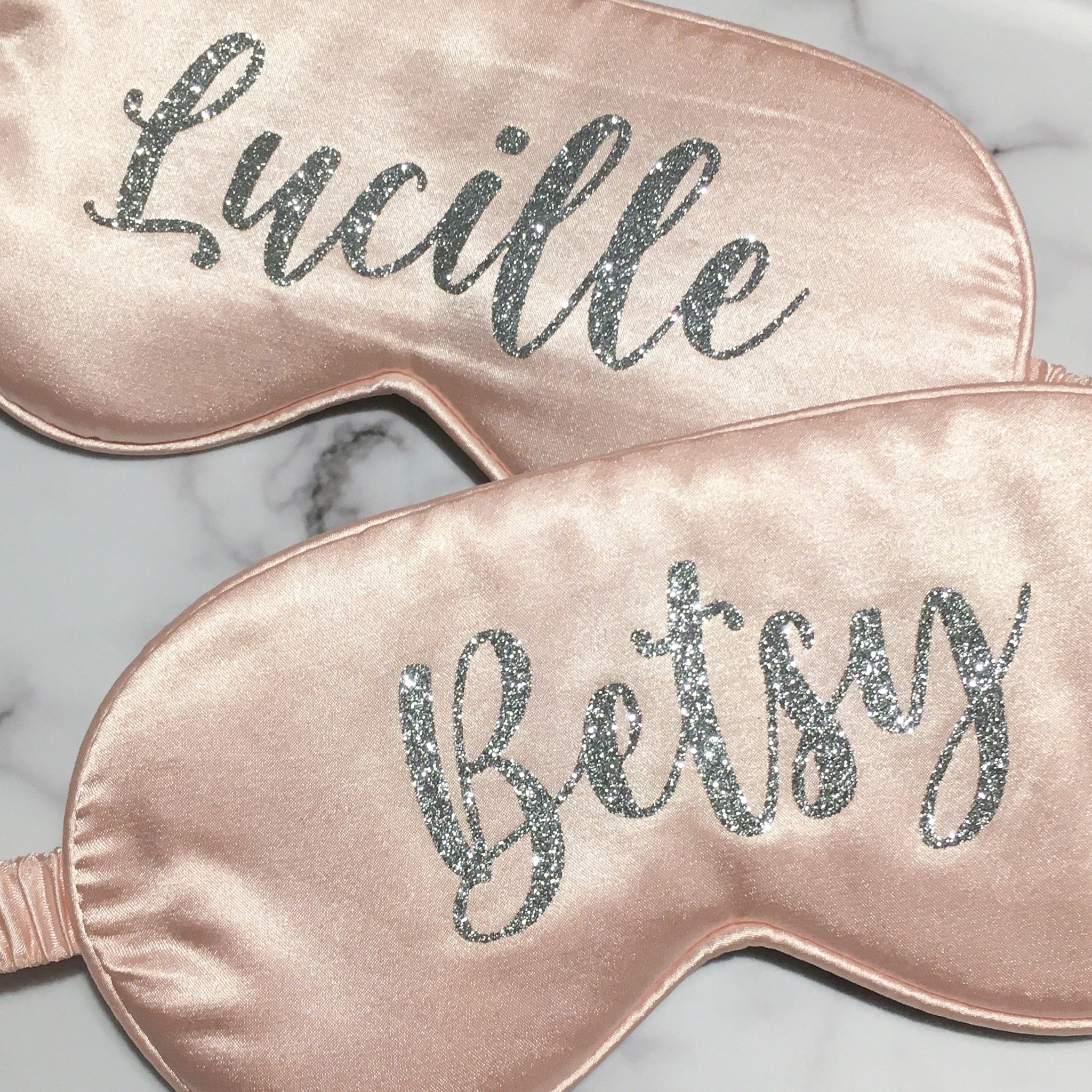 Lillie&Oscar Blush personalised sleep masks with silver glitter detail names
